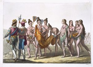 Native American Widows lähestyy päällikköään saadakseen lupa mennä uudelleen naimisiin, levy 57 Jules Ferrarion "Le Costume Ancien et Moderne", julkaistu noin 1820-30-luvulla tekijältä Gallo Gallina