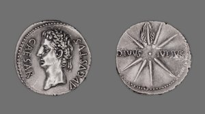 Denarius esittää keisari Augustusta 19-18 eKr tekijältä Gallo Roman
