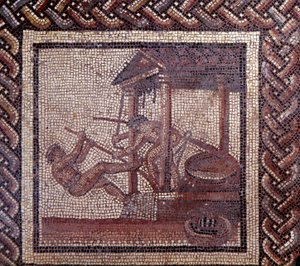 Gallo Roman Art: mosaiikkipäällyste, joka edustaa maalaismaista kalenteria. Öljypuristin. 2. vuosisadan loppu, 3. vuosisadan alku JC:n jälkeen. Saint-Romain-en-Galista (Rhône). Saint Germain en Laye, kansallinen arkeologinen museo tekijältä Gallo Roman