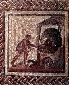 Gallo Roman Art: mosaiikkipäällyste, joka edustaa maalaismaista kalenteria. Leivän valmistus kohtaus. 2. vuosisadan loppu, 3. vuosisadan alku JC:n jälkeen. Saint-Romain-en-Galista (Rhône). Saint Germain en Laye, kansallinen arkeologinen museo tekijältä Gallo Roman
