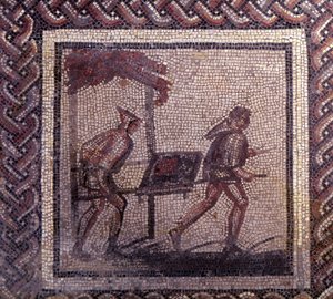 Gallo Roman Art: mosaiikkipäällyste, joka edustaa maalaismaista kalenteria. Lannankuljetuspaikka. 2. vuosisadan loppu, 3. vuosisadan alku JC:n jälkeen. Saint-Romain-en-Galista (Saint Romain en Gal, Rhône). Saint Germain en Laye, kansallinen arkeologinen mu tekijältä Gallo Roman