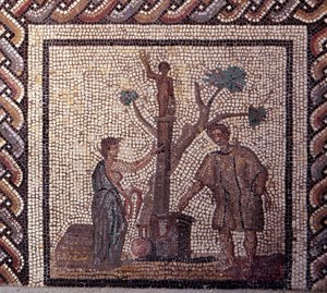 Gallo Roman Art: mosaiikkipäällyste, joka edustaa maalaismaista kalenteria. Uhrauskohtaus Ceresissä ja Apollossa. 2. vuosisadan loppu, 3. vuosisadan alku JC:n jälkeen. Saint-Romain-en-Galista (Rhône). Saint Germain en Laye, kansallinen arkeologinen museo tekijältä Gallo Roman