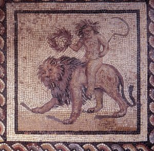Gallo Roman Art: mosaiikkipäällyste, joka edustaa maalaismaista kalenteria. Kesälegoria leijonasta. 2. vuosisadan loppu, 3. vuosisadan alku JC:n jälkeen. Saint-Romain-en-Galista (Rhône). Saint Germain en Laye, kansallinen arkeologinen museo tekijältä Gallo Roman