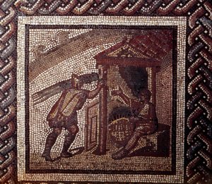 Gallo Roman Art: mosaiikkipäällyste, joka edustaa maalaismaista kalenteria. Pajutyö- ja punontakorit. 2. vuosisadan loppu, 3. vuosisadan alku JC:n jälkeen. Saint-Romain-en-Galista (Rhône). Saint Germain en Laye, kansallinen arkeologinen museo tekijältä Gallo Roman
