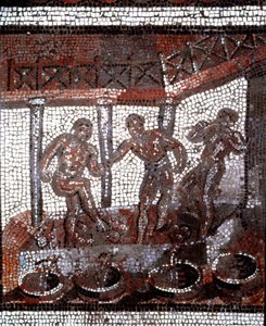 Kohtaus rypäleiden polkemisesta altaassa. (mosaiikki, 2. vuosisadan loppu, 3. vuosisadan alku) tekijältä Gallo Roman