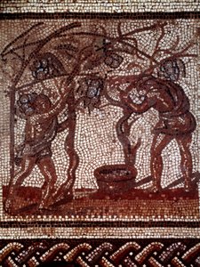 Galloromain art: syksy: omenoiden poiminta ja sadonkorjuu. Mosaiikkipäällyste, joka edustaa maalaismaista kalenteria Saint Romain en Galista. 2. vuosisadan alku - 3. vuosisadan alku. Saint Germain en Laye, antiikkimuseo tekijältä Gallo Roman Gallo Roman