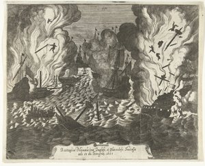 Lowestoftin taistelu 1665 Meritaistelu englantilaisten ja hollantilaisten välillä peräkkäin 13. kesäkuuta 1665 (otsikko esineessä) tekijältä Gaspar Bouttats (attributed to)