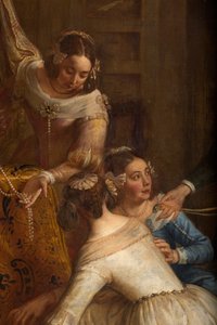Seurakuntakirkko (Eglise Saint-Brice). Paintin "Espanjan arkkiherttua Isabel lahjoittaa korunsa Hallen Saint-Martinin basilikalle". Gaspar de Crayer. tekijältä Gaspar De Crayer