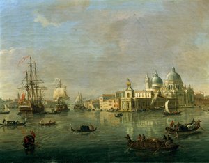 Näkymä Venetsiaan Giudeccalla ja tullitalolla, Gaspar van Wittel (1652 tai 1653-1736), öljy kankaalle, 27x42 cm, yksityiskohta tekijältä Gaspar van Wittel