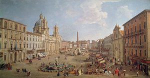 Näkymä Piazza Navonalle, Gaspar van Wittelin tai Gaspare Vanvitellin maalaus (1652 tai 1653-1736), öljy kankaalle, Italia tekijältä Gaspar van Wittel