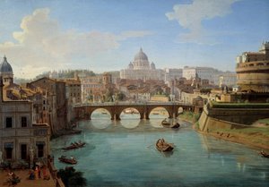 Näkymä Pyhän Pietarin basilikalle Roomassa, yksityiskohta maalauksesta "" Näkymä Pyhän Angelon linnalle Roomassa" Panoraama kaupunkiin, Tiberille ja Castel Sant"Angelo, keisari Hadrianuksen mausolee"" Maalaus: Gaspare Vanvitelli