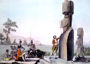 La Perouse com sua tripulação, medindo as estátuas na Ilha de Páscoa (1786), gravura finlandesa tekijältä Gaspard (after) Duche de Vancy