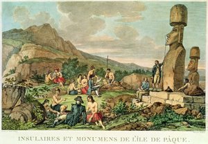 Pääsiäissaaren saarelaiset ja muistomerkit, levy 11 Atlas de Voyage de La Perousesta, 1785-88 (kaiverrus)
