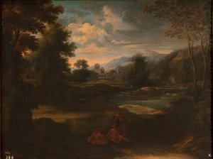 Dughet - Maisema, jossa on kolme hahmoa, 1648 - 1650 tekijältä Gaspard Dughet