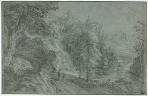Italianate maisema ja kirkko kalliolla tekijältä Gaspard Dughet