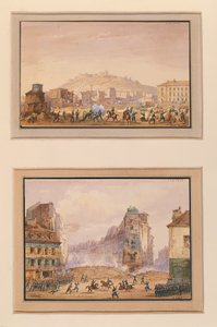 Hyökkäys Clos Saint-Lazareen kesäkuussa 1848 ja Barrikadin hyökkäys Faubourg Saint-Antoinen sisäänkäynnillä kenraali Francois de Negrierin (1839-1913) kuoleman jälkeen 25. kesäkuuta 1848 (gouach) tekijältä Gaspard Gobaut