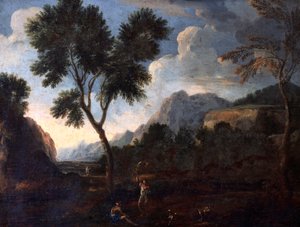Metsästäjät laaksossa, Gaspard Dughet (1615-1675), öljy kankaalle, 56x67 cm.