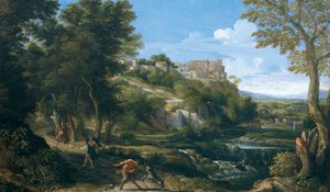 Maisema tanssiva faun ja nymfi 1667 - 1668, kirjoittanut Gaspard Dughet (1615-1675)