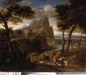 ""Maisema matkailijoiden kanssa"" (Maisema karavaanin kanssa) Gaspard Dughetin (1615-1675) maalaus 1600-luvun valtion ulkoilmamuseon palatsi Gatchina, Pietari tekijältä Gaspard Poussin Dughet