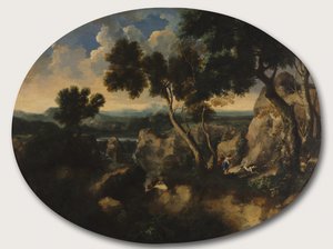 Kalliomaisema metsästäjien kanssa, n. 1635 tekijältä Gaspard Poussin Dughet