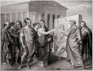 Ateenalainen poliitikko Perikles (495-429 eKr.) ja hänen toverinsa Aspasie ohjaavat Phidiaan työtä Parthenon a Athenes -tapahtumassa (Perikles ja Aspasia ohjaavat Phidiaan työtä Parthenonille Ateenassa). Kaiverrus Gaspare Landin (1756-1830) maalauksen jälk tekijältä Gaspare Landi