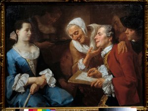 Taidemaalari ja hänen mallinsa, hänen takanaan vanha nainen venyttelee kaulaansa katsomaan hänen piirtämistään. Gaspare Traversin (1732-1769) maalaus 1754 Su. 0,99x0,73 m