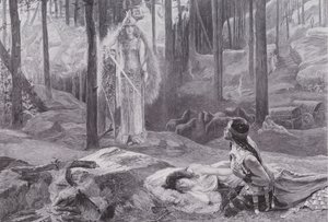 Ilmestys (Brunnhilde löytää Sieglinden ja Siegmundin) (litho) tekijältä Gaston Bussiere