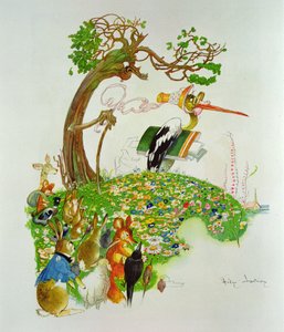 Jänis ja kilpikonna, Jean de La Fontainen (1621-95) saduista (värikaiverrus).