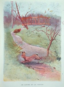 Jänis ja kilpikonna, kuvitus Jean de la Fontainen (1621-95) taruista 1900-luvun alussa