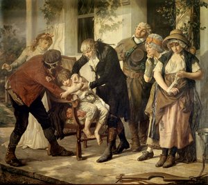 Ensimmäinen rokotus Edward Jennerille (1749-1823), brittiläiselle lääkärille, joka löysi rokotteen isorokkoa vastaan. Gaston Melinguen (1840-1914) maalaus 1796 Pariisi, lääketieteen akatemia