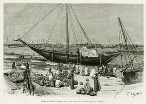 Tepe Zanzibarin markkinoilla (Tansania). G. Vuillierin kaiverrus havainnollistamaan tarinaa Voyage among the Benadirs, Somalias and Bayouns, 1882 ja 1883, kirjoittanut G.Revoil, in le tour du monde 1888, ohjannut Edouard Charton (1807-1890), Hachette, Pari tekijältä Gaston Vuillier