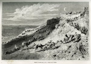 Akabah tai jonossa kamelit karavaanista. G. Vuillierin kaiverrus havainnollistamaan tarinaa "" pelerinage au Nedjed, arabirodun kehto", Lady Anna Blunt, vuosina 1878-1879, julkaistu Tour du mondessa, Edouard Chartonin (1807-) johdolla. 1 tekijältä Gaston Vuillier