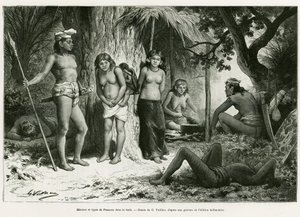 Bivouac ja keuhkot metsässä. G. Vuillierin kaiverrus havainnollistamaan tarinaa De Koutei a Bandjirmasin, matka Borneon halki, Carl Bock, in le tour du monde 1890, ohjaaja Edouard Charton (1807-1890), Hachette, Pariisi. tekijältä Gaston Vuillier