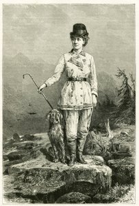 Madame Marie De Ujfalvy-Bourdonin muotokuva matkapuvussa koiransa kanssa, naimisissa etnologi lingvistin ja tutkimusmatkailijan Charles Eugene Ujfalvyn (1842-1904) kanssa, hän seurasi häntä kaikilla hänen tutkimusmatkoillaan. Kaiverrus G.Vuillier, luonnon 