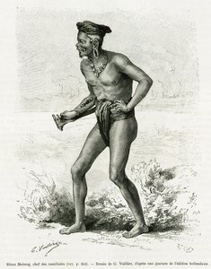 Sibou Mobang, kannibaalien johtaja. G. Vuillierin kaiverrus havainnollistamaan tarinaa De Koutei a Bandjirmasin, matka Borneon halki, Carl Bock, in le tour du monde 1890, ohjaaja Edouard Charton (1807-1890), Hachette, Pariisi. tekijältä Gaston Vuillier