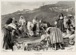 Osilon (Italia) laventeli, naiset kokoontuivat altaan ympärille. Kaiverrus ja tarina "" La Sardaigne", Gaston Vuillier (1845-1915), vuonna 1890, Le tour du monde, nouveau journal des voyages, Edouard Chartonin (1807-1890) johdolla, 2. lukukausi tekijältä Gaston Vuillier