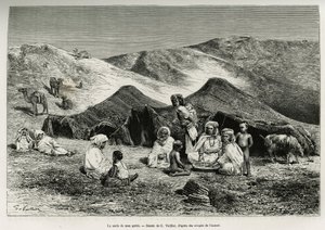 Oppaani nezla (sukulainen). G. Vuillierin kaiverrus havainnollistamaan Algerian Saharaa, V. Largeau, vuosina 1874-1878, julkaistu Tour du mondessa, Edouard Chartonin (1807-1890) johdolla tekijältä Gaston Vuillier