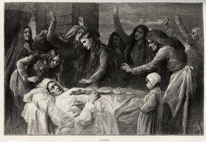 Vocero, korsikalainen funebre-laulu, joka vaatii kostoa. Kaiverrus ja tarina ""La Corse"", kirjoittanut Gaston Vuillier (1845-1915), vuonna 1890 Le tour du mondessa, nouveau journal des voyages, Edouard Chartonin (1807-1890) johdolla