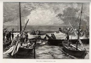 Tonnikalanpyynti (mattanza): kuolinkammio, tonnikalapuristimia ahtaassa tilassa peittävät kalastajien harppuunat. Kaiverrus ja tarina "" La Sardaigne" - kirjoittanut Gaston Vuillier (1845-1915), vuonna 1890, Le tour du monde, nouveau journal des voyages, a