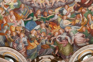Yksityiskohta Siunatun Neitsyt taivaaseenastumisesta, joka tunnetaan nimellä "Musiikkia soittavien enkelien kuoro", risteyksen kupoli, vuodelta 1534 (fresko)