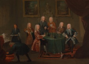 Veljekset Clarke muiden herrasmiesten kanssa viiniä nauttimassa vuosina 1730-1735.