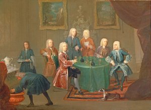 Veljekset Clarke ja muita herrasmiehiä viiniä nauttimassa, noin 1730-35.