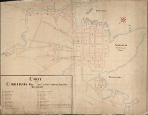 Norjalainen bokmål: Kartta Kansalliskirjaston karttakokoelmasta. Kartta julkaistiin Håndtegnetissä (1649), ja siinä näkyy Christiania tekijältä Geelkerck