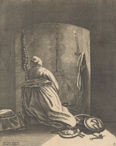 Nainen kokkaamassa, lautanen 3 viidestä naisellisesta ammatista, n. 1640-57, n. 1640-57. tekijältä Geertruydt Roghman