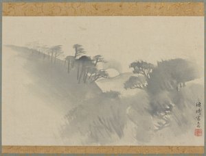 Maisema kukkulalla, puilla ja kuunnousulla, Edo-kausi, 1747-1868. tekijältä Genki