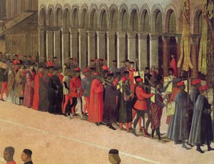 Kulkue Pyhän Markuksen aukiolla, yksityiskohta muusikoista, 1496 öljy kankaalle, yksityiskohta kuvasta 59423 tekijältä Gentile Bellini