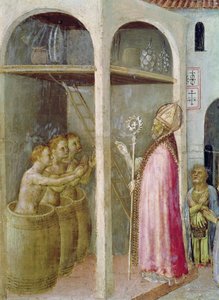 Pyhä Nikolaus elvyttää kolme suolavesialtaaseen heitettyä lasta, yksityiskohta Quaratesi-alttaritaulun predella-paneelista, 1425 (tempera paneelissa)