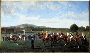 Lähtö Longchampista, jonka paroni Foy antoi vuonna 1877 Hevosten asettaminen kilpailun alkuun raviradalla. Geo Arnullin maalaus (1800-luku) 1877. Paris, Societe rohkaisu tekijältä Geo Arnull