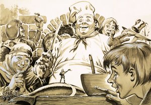 Kuvitus Grimmin veljesten kirjasta "Tom Thumb" (peukalo). tekijältä Geoff Campion