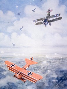 Kapteeni Baron von Richthofenin viimeinen lento, n. 1920 (värilitho) tekijältä Geoffrey (after) Watson